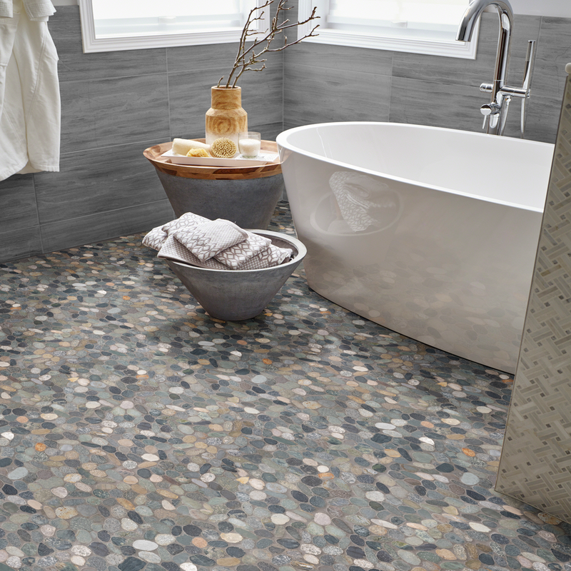 Sliced Rainforest Pebble 11.81"x11.81" Tumbled Marble Mosaic Tile - MSI Collection product shot bathroom view