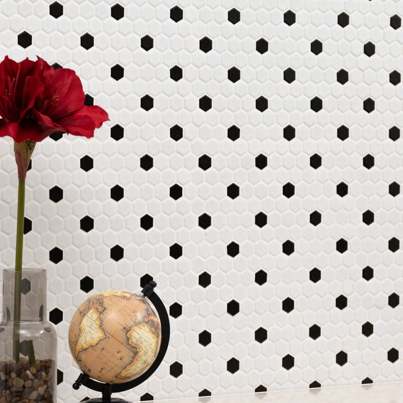 Adelaide white 10.16 in x 11.73 in hexagon matte SMOT-PT-ADELHEX-1HEXM porcelain wall and floor mosaic tile room shot bathroom view