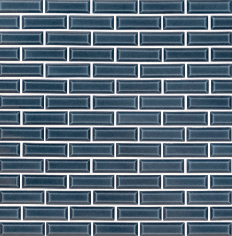 Bay blue beveled 12 in x 12 in ceramic mesh mounted SMOT-PT-BAYBLU-2X6B mosaic tile product shot wall view