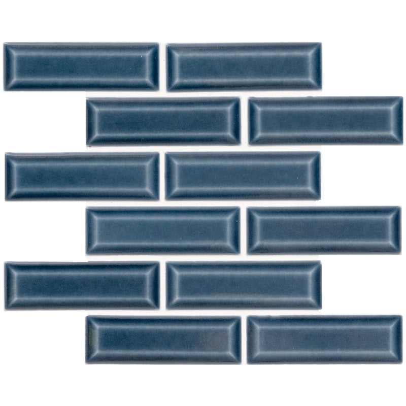 Bay blue beveled 12 in x 12 in ceramic mesh mounted SMOT-PT-BAYBLU-2X6B mosaic tile product shot profile view