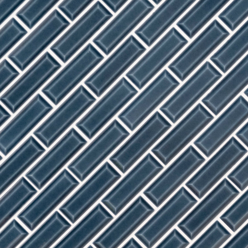 Bay blue beveled 12 in x 12 in ceramic mesh mounted SMOT-PT-BAYBLU-2X6B mosaic tile product shot angle view