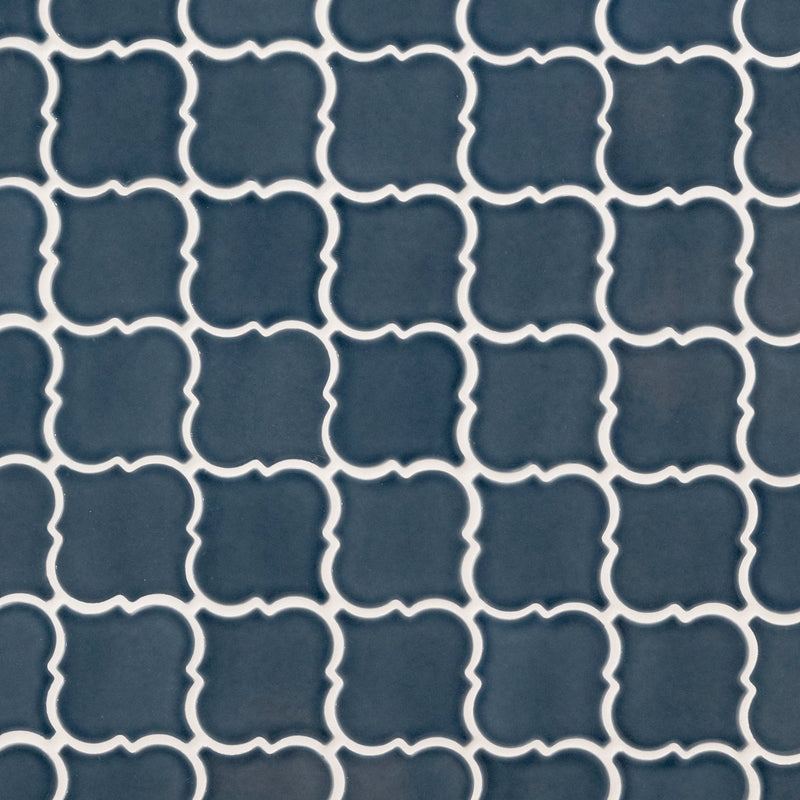 Bay blue arabesque 10.83 in x 15.50 in ceramic SMOT-PT-BAYBLU-ARABESQ mesh mounted mosaic tile product shot angle view