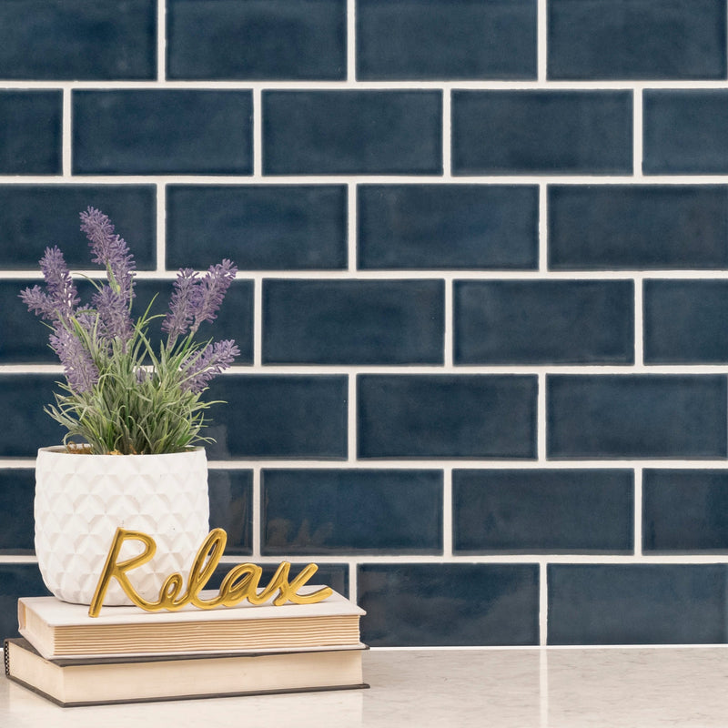 Bay blue beveled 3 in x 6 in handcrafted SMOT-PT-BAYBLU36 ceramic subway tile room shot bathroom view