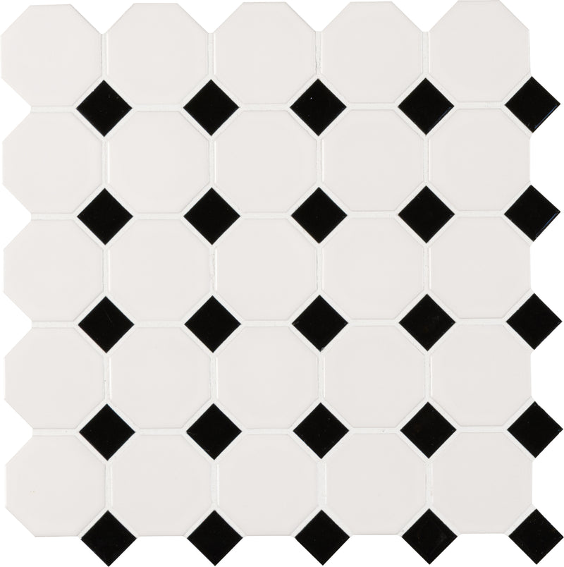 Black and White Octagon 11.61"x11.61" Matte Porcelain Mosaic Tile - MSI Collection product shot tile view