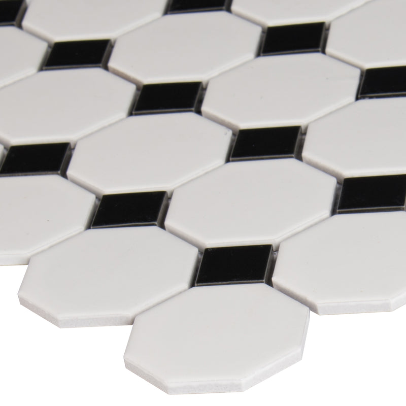 Black and White Octagon 11.61"x11.61" Matte Porcelain Mosaic Tile - MSI Collection product shot tile view 4
