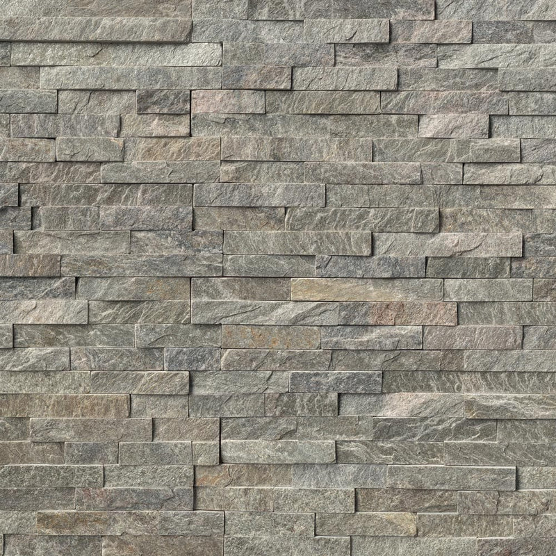 Sage green splitface ledger corner 6X18 natural quartzite wall tile LPNLQSAGGRN618COR product shot multiple tiles top view