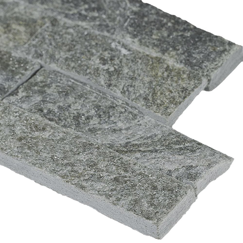 Sage green splitface ledger corner 6X18 natural quartzite wall tile LPNLQSAGGRN618COR product shot profile view