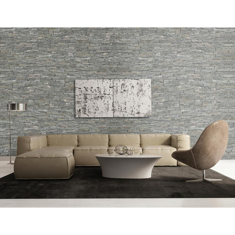 Sage green splitface ledger corner 6X18 natural quartzite wall tile LPNLQSAGGRN618COR product shot wall view