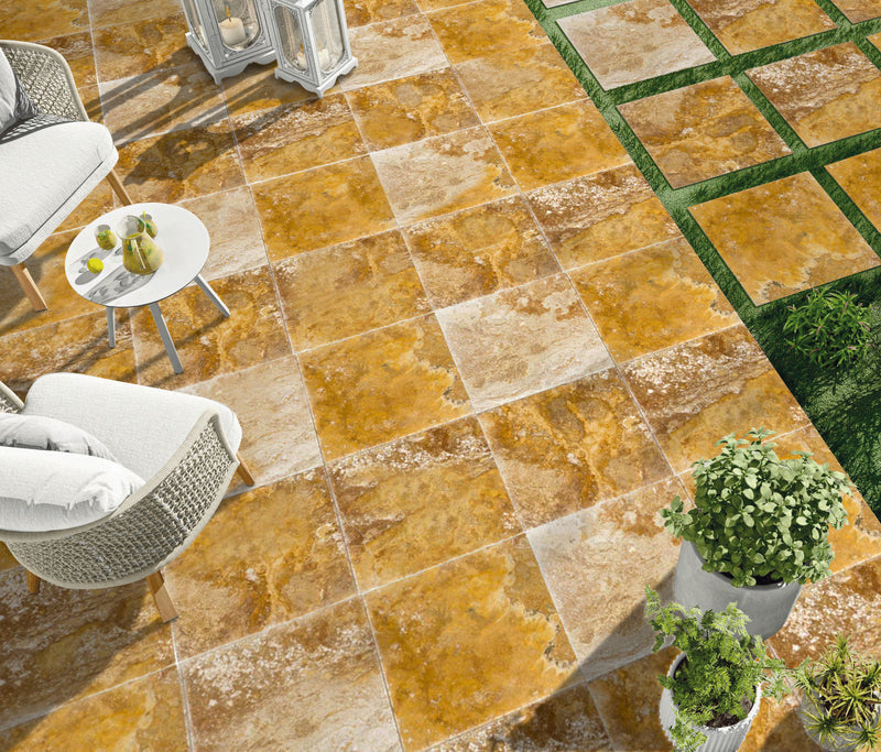 Scabos Travertine Tile Brushed Chiseled Floor wall tile 10083367 installed patio with white chairs and side table