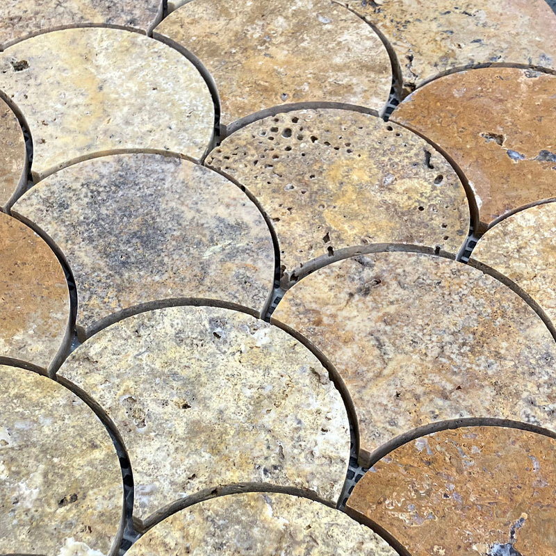 Scabos travertine mosaic tile laguna design on 12x12 mesh honed angle closeup view