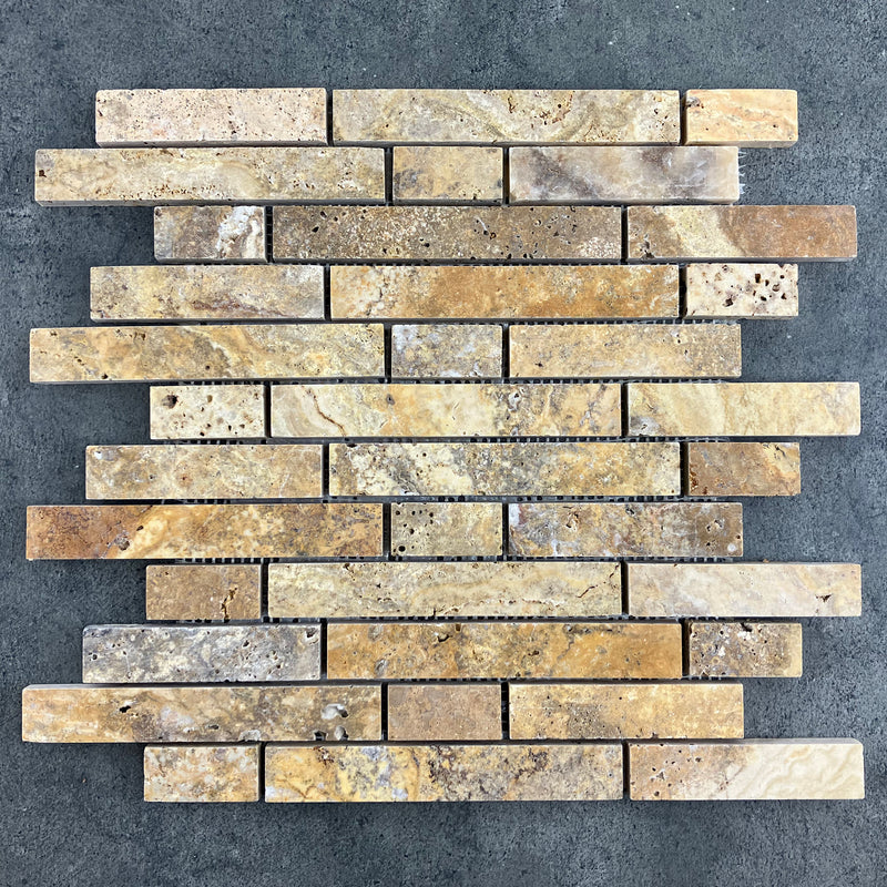 Scabos Travertine Strip Liner on 12" x 12" Mesh Mosaic Tile - Belair Collection
