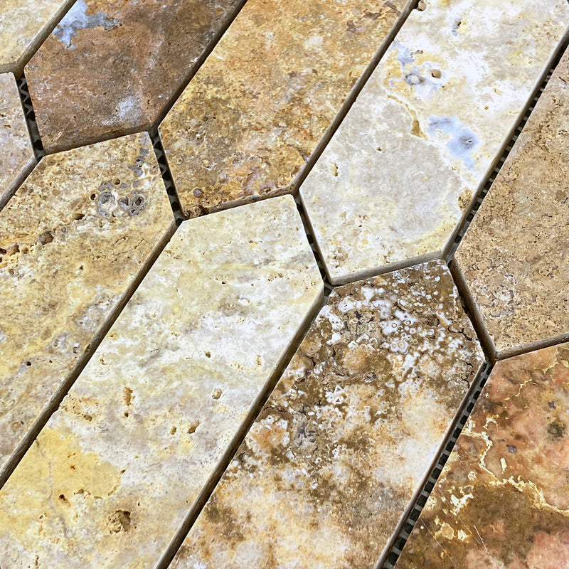 Scabos Travertine Strada Design on 12" x 12" Mesh Mosaic Tile - Belair Collection