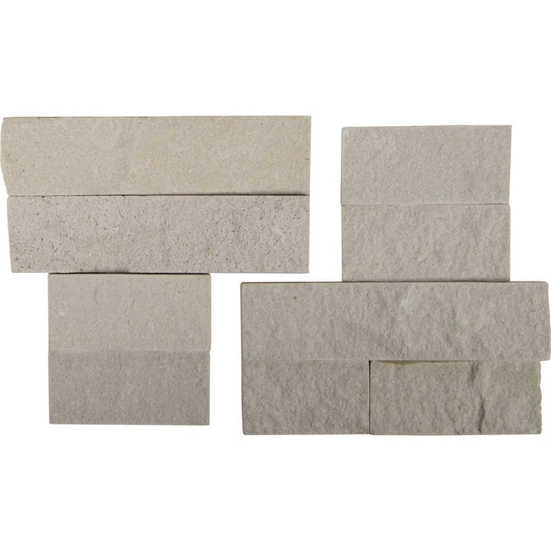 Sedona beige splitface ledger corner 6X6 natural sandstone wall tile LPNLDSEDBEI66COR product shot multiple tiles close up view
