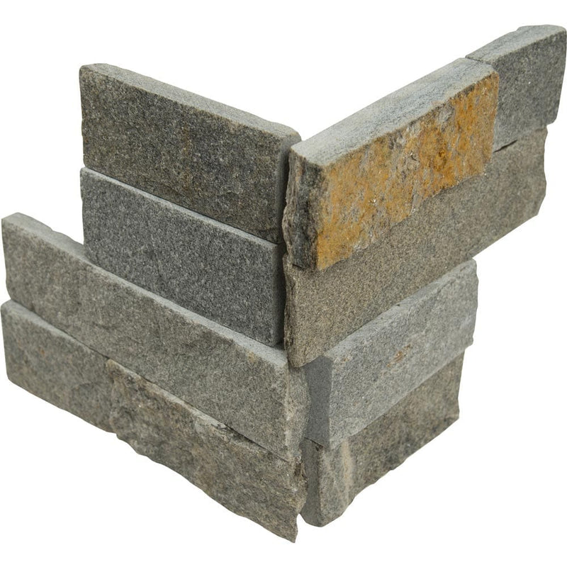 Sedona grey splitface ledger corner 6X6 natural quartzite wall tile LPNLQSEDGRY66COR product shot multiple tiles top view
