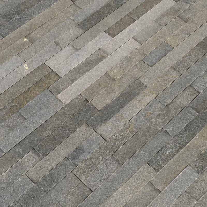 Sedona grey splitface ledger panel 6X24 natural quartzite wall tile LPNLQSEDGRY624 product shot multiple tiles angle view