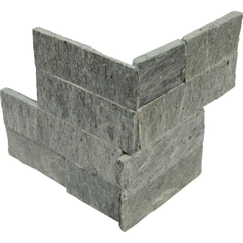 Sedona platinum splitface ledger corner 6X6 natural quartzite wall tile LPNLQSEDPLA66COR product shot multiple tiles angle view