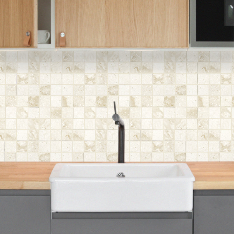 Shell stone limestone mosaic tile 2x2 on 12x12 mesh honed installed on kitchen wall with white ceramic farm sink