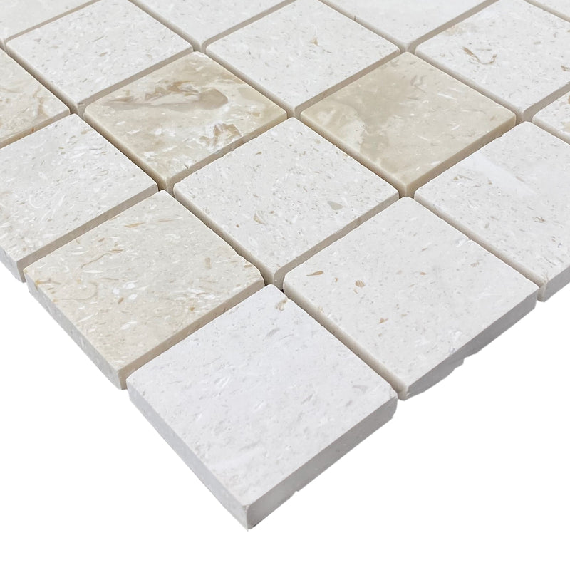 Shell stone limestone mosaic tile 2x2 on 12x12 mesh honed profile view