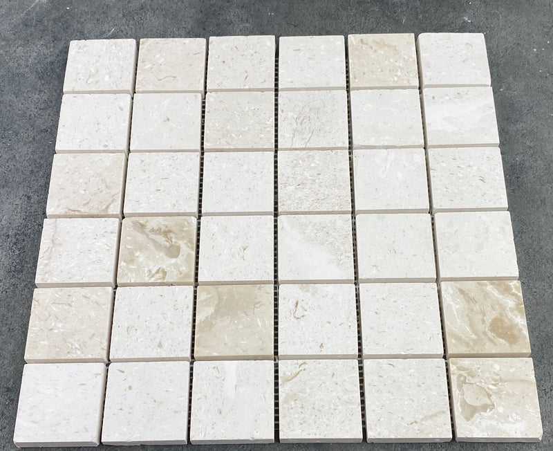 Shell stone limestone mosaic tile 2x2 on 12x12 mesh honed top view