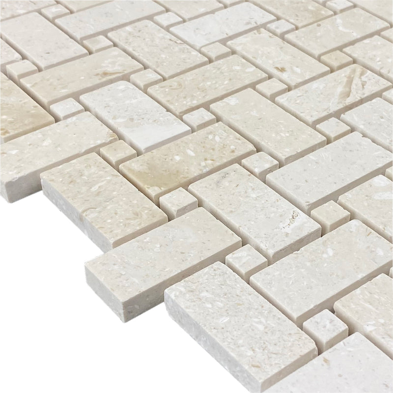 Shell stone limestone mosaic tile basketweave on 12x12 mesh honed profile view