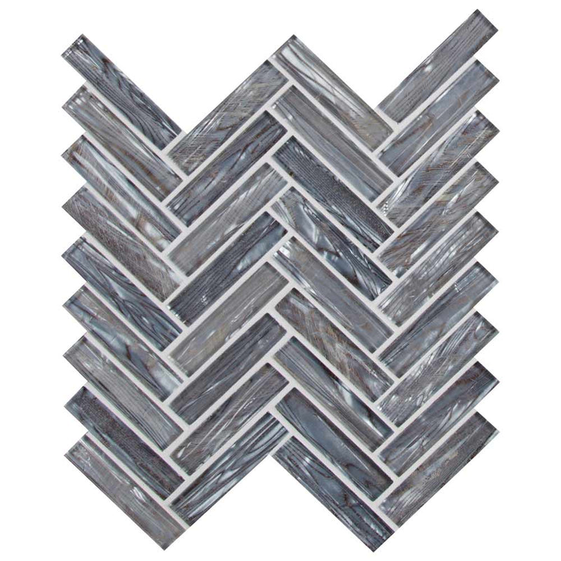 Shimmering silver herringbone 11.06X12.6 glass mesh mounted mosaic tile SMOT GLS SHISLV8MM product shot multiple tiles close up view