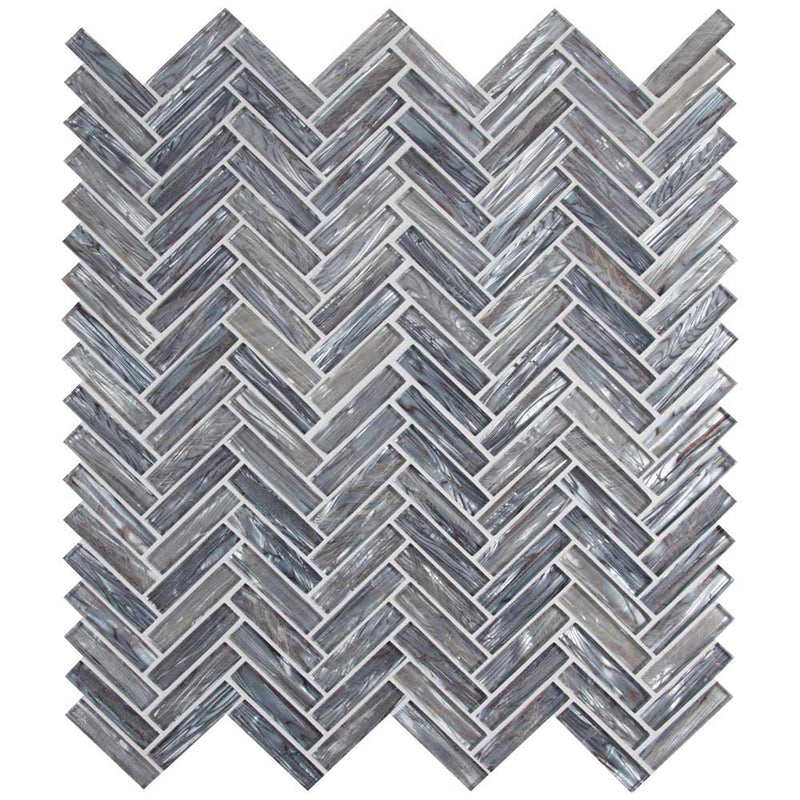 Shimmering silver herringbone 11.06X12.6 glass mesh mounted mosaic tile SMOT GLS SHISLV8MM product shot multiple tiles top view