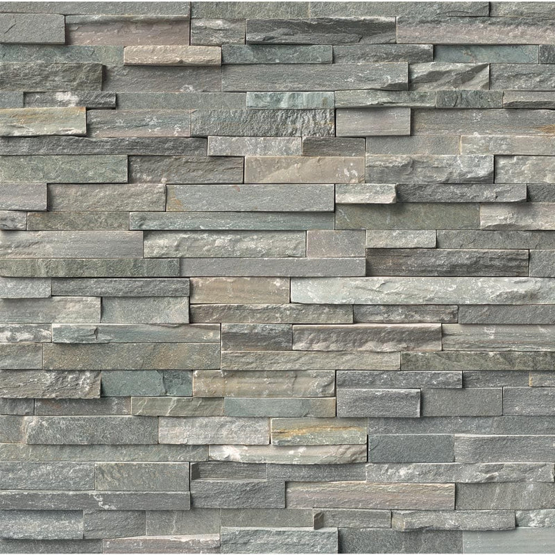 Sierra blue splitface ledger panel 6X24 natural quartzite wall tile LPNLQSIEBLU624 product shot multiple tiles top view