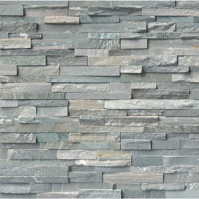 Sierra blue splitface mini ledger corner 6X18 natural quartzite wall tile LPNLQSIEBLU618COR product shot multiple tiles top view