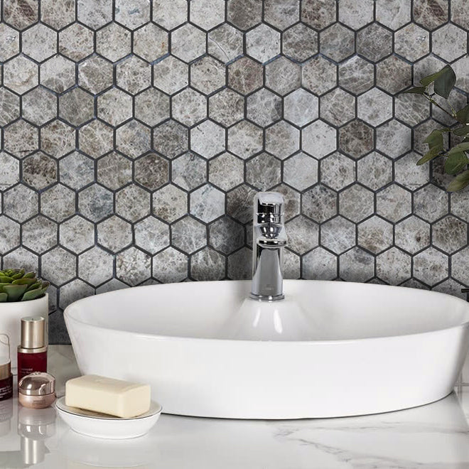 Silver Emperador Marble Hexagon 2 Polished Mosaic Floor Wall Tile 15260616 roomscene black grouted bathroom wall square