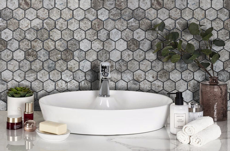 Silver Emperador Marble Hexagon 2 Polished Mosaic Floor Wall Tile 15260616 roomscene black grouted bathroom wall