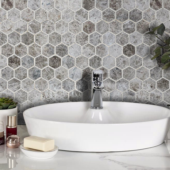 Silver Emperador Marble Hexagon 2 Polished Mosaic Floor Wall Tile 15260616 roomscene white grouted bathroom wall square