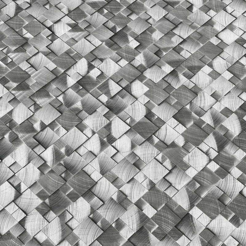Silver aluminum pattern 11.81X12.4 brushed metal mesh mounted mosaic tile SMOT-MET-SLVAL product shot multiple tiles angle view
