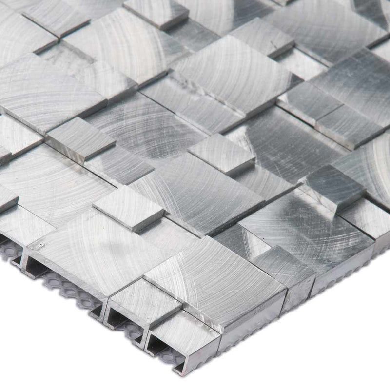 Silver aluminum pattern 11.81X12.4 brushed metal mesh mounted mosaic tile SMOT-MET-SLVAL product shot profile view