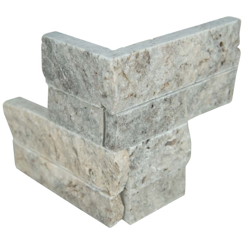 Silver mini splitface ledger corner 4.5 x 9 natural travertine wall tile LPNLTSIL4.59COR-MINI product shot corner tile view
