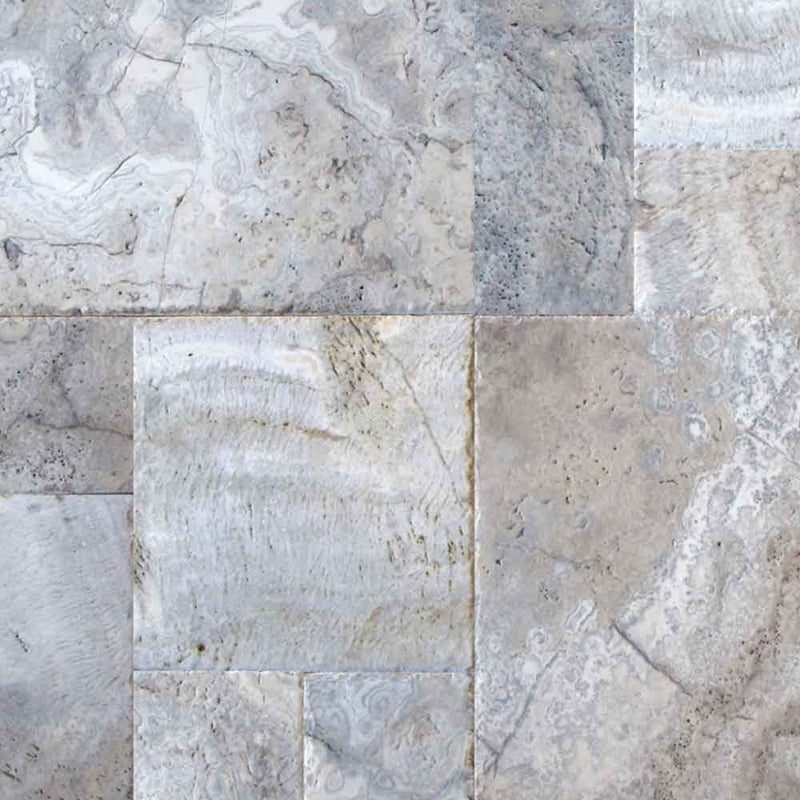 Silver pattern tumbled travertine floor and wall tile TTSIL-PAT-TUM product shot wall view 