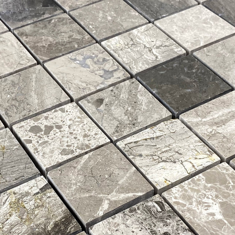 Silver shadow marble mosaic tile 2x2 brick on 12x12 mesh honed angle closeup view