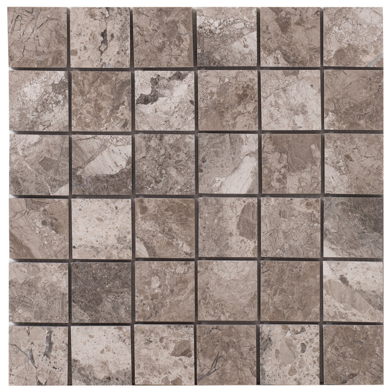 Silver shadow marble mosaic tile 2x2 brick on 12x12 mesh honed top view