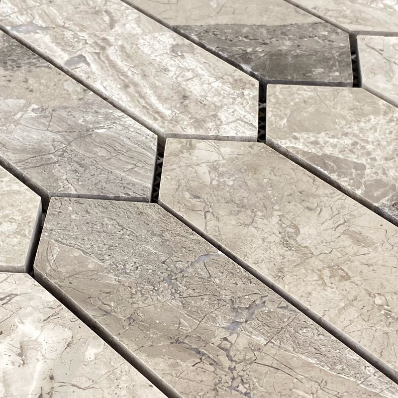 Silver shadow marble mosaic tile strada on 12x12 mesh honed angle view