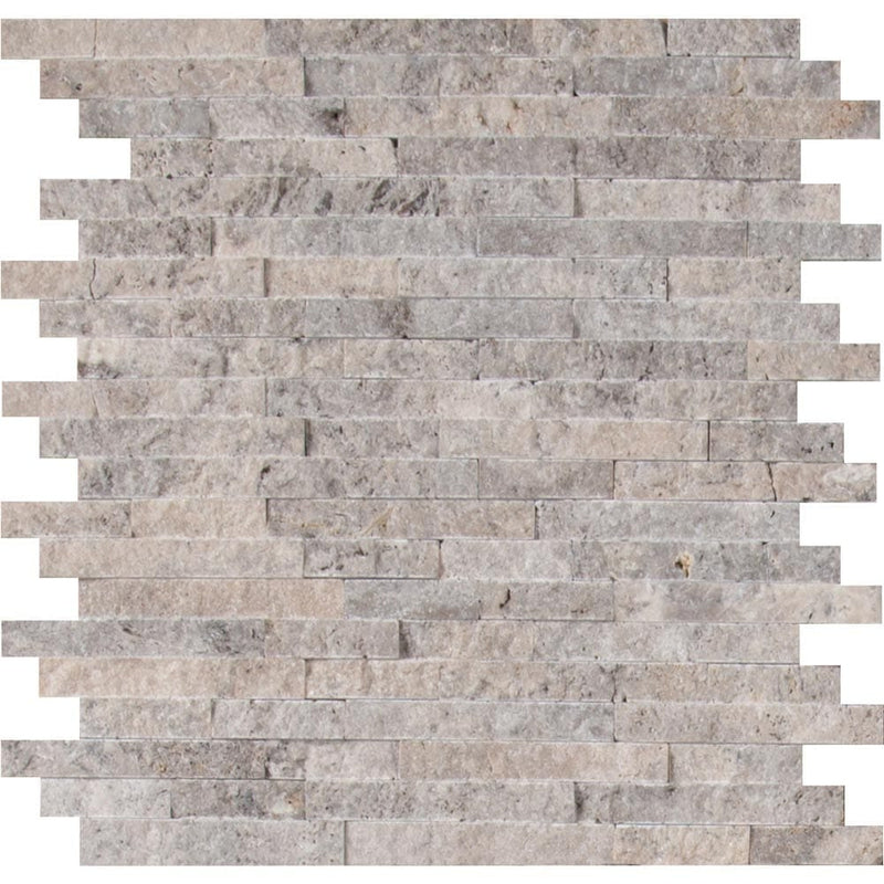 Silver split face 11.81X12.4 travertine mesh mounted mosaic wall tile SMOT-SILTRA-SF10MM product shot multiple tiles close up view