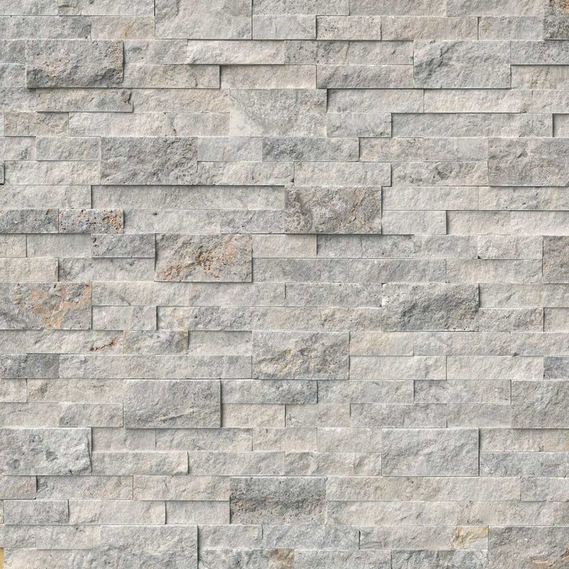 Silver splitface ledger corner 6X18 natural travertine wall tile LPNLTSIL618COR product shot multiple tiles top view