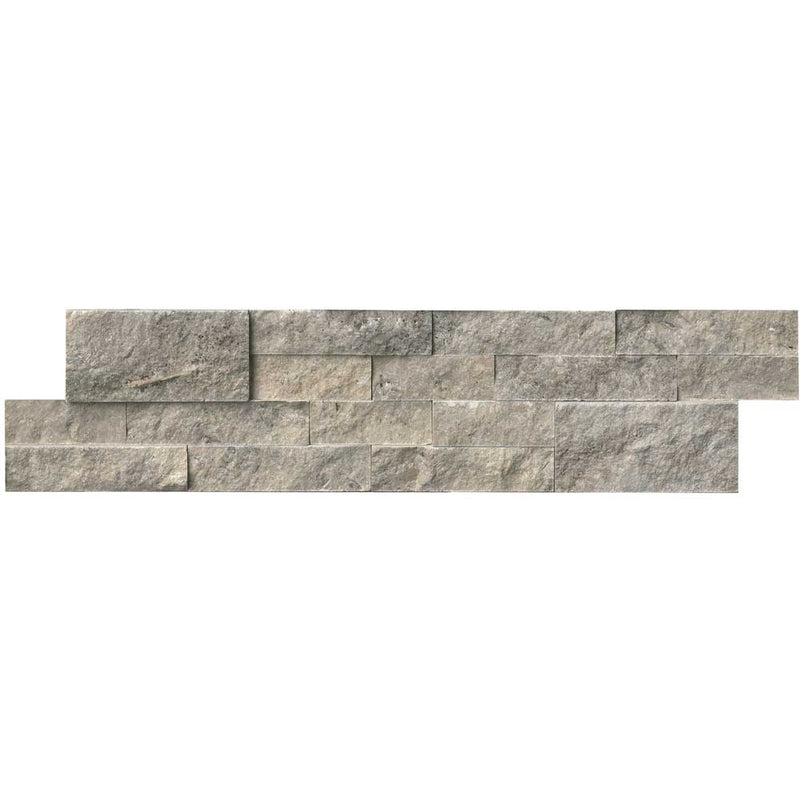 Silver splitface ledger panel 6X24 natural travertine wall tile LPNLTSIL624 product shot multiple tiles close up view