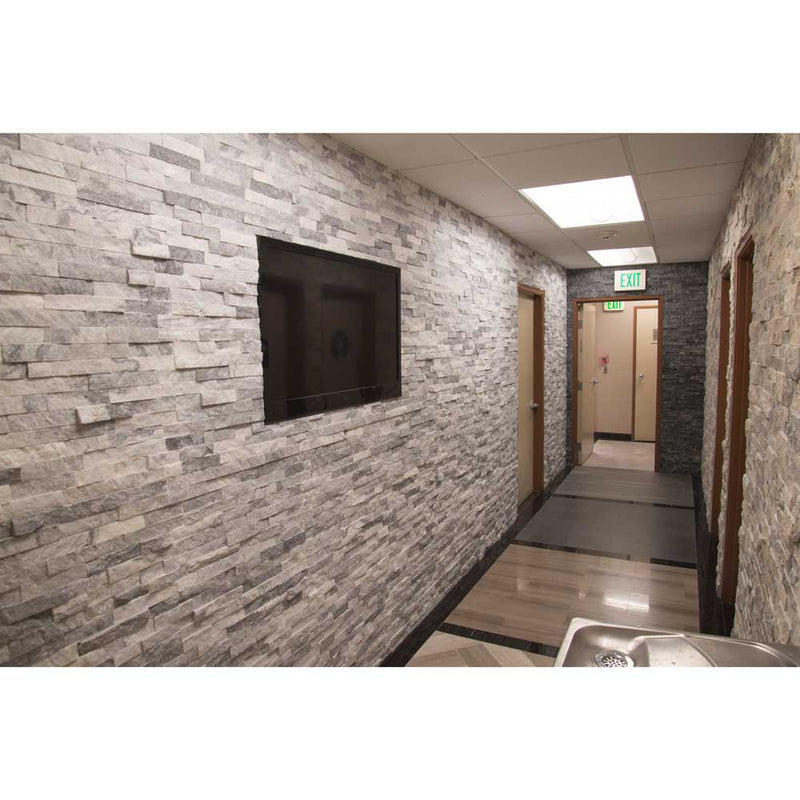 Silver splitface ledger panel 6X24 natural travertine wall tile LPNLTSIL624 product shot wall view