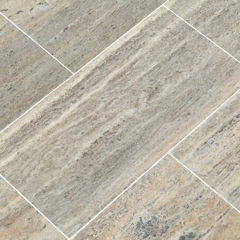 Silver travertine vein cut 12 x 24 honed filled floor and wall tile TTSILTRVC1224HF product shot multiple tiles angle view