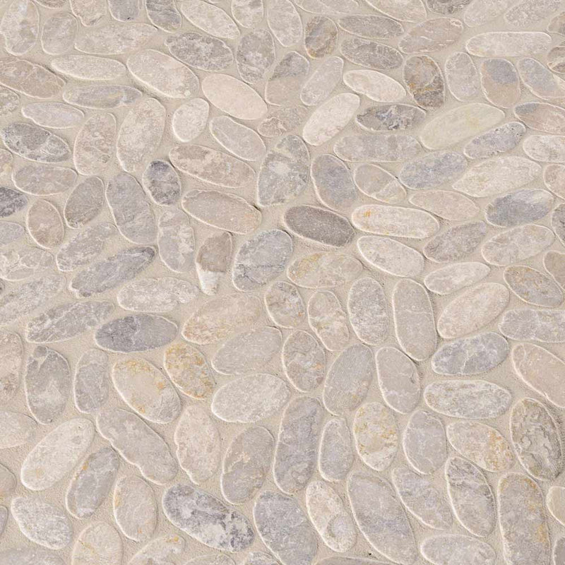Sliced pebble ash 12X12 tumbled marble mesh mounted mosaic tile SMOT-PEB-ASH product shot multiple tiles angle view