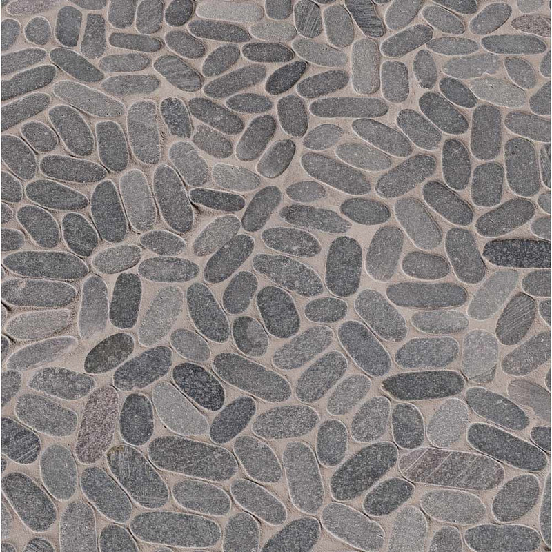Sliced pebble coal 11.81X11.81 tumbled marble mesh mounted mosaic tile SMOT-PEB-COAL product shot multiple tiles angle view