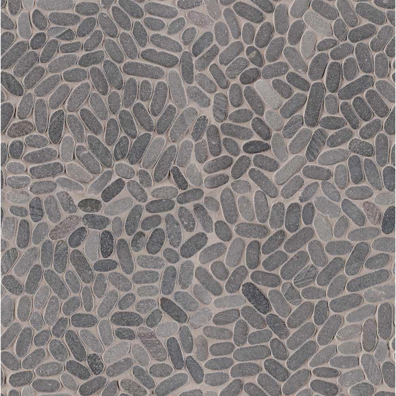 Sliced pebble coal 11.81X11.81 tumbled marble mesh mounted mosaic tile SMOT-PEB-COAL product shot multiple tiles top view