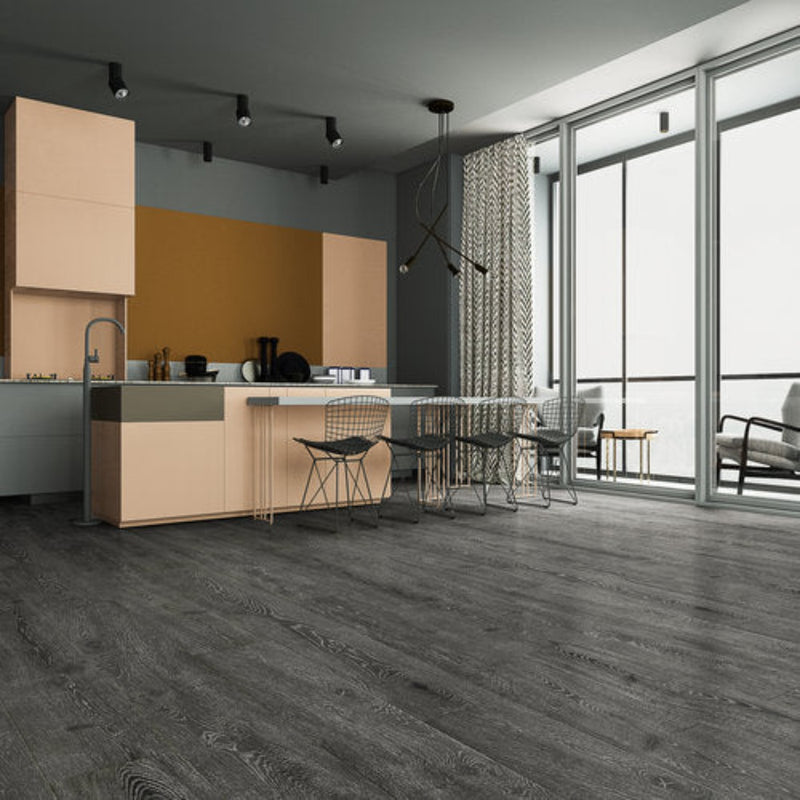 Laminate Hardwood 7.75" Wide, 72" RL, 12mm Thick Textured Legendary Smokey Grey Floors - Mazzia Collection room shot living room view 2