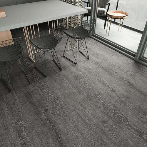 Laminate Hardwood 7.75" Wide, 72" RL, 12mm Thick Textured Legendary Smokey Grey Floors - Mazzia Collection room shot living room view 3