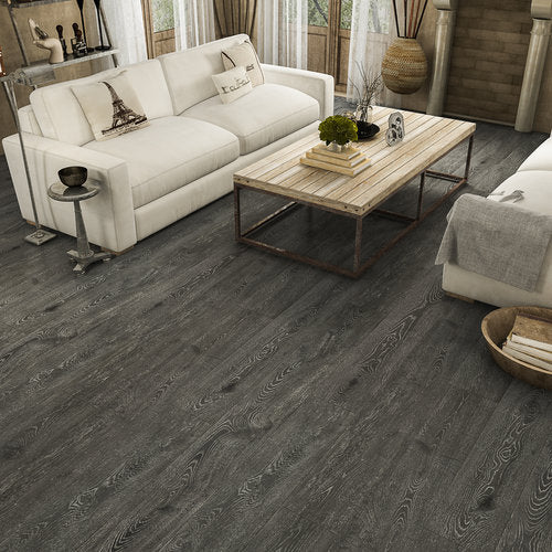 Laminate Hardwood 7.75" Wide, 72" RL, 12mm Thick Textured Legendary Smokey Grey Floors - Mazzia Collection room shot living room view 4