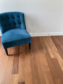 Solid Hardwood Floors Brazilian Teak Cumaru Pre-finished 5 premium Collection SHWSAC237 installed on living room floor with blue chair